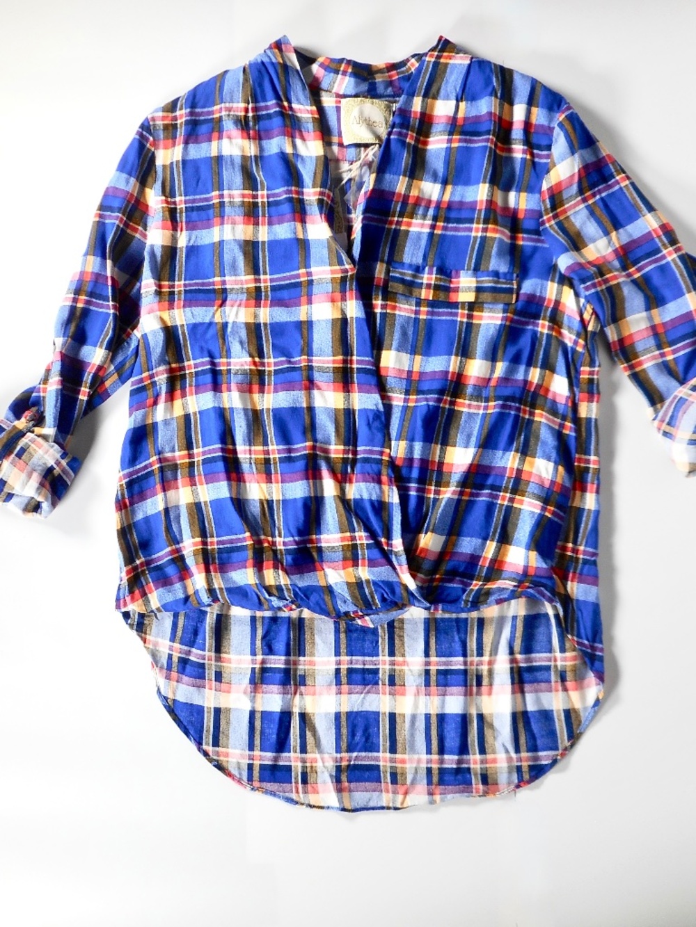 NWT Althea Blue White Orange Sz M Plaid Hi-Lo Top Long Sleeve Roll-Tab Rayon